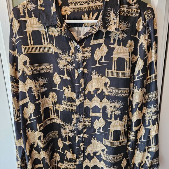 J. McLaughlin Denver Silk Blend Shirt Blouse Black Tan Large L India Work Casual - Picture 9 of 9
